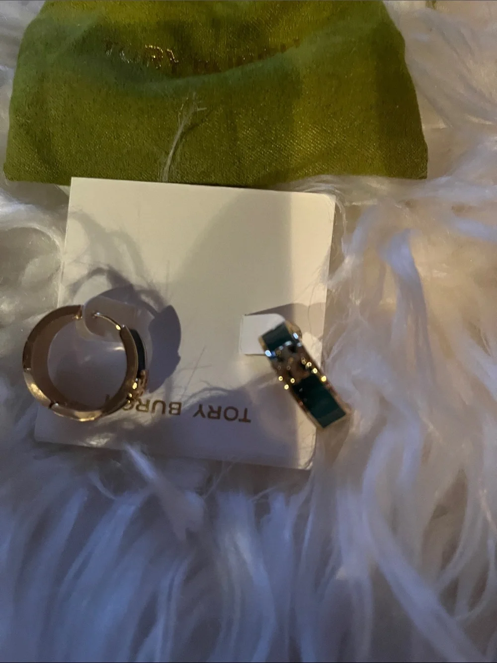 Tory Burch Gold Hoop Huggie Earrings with greenEnamel Detail